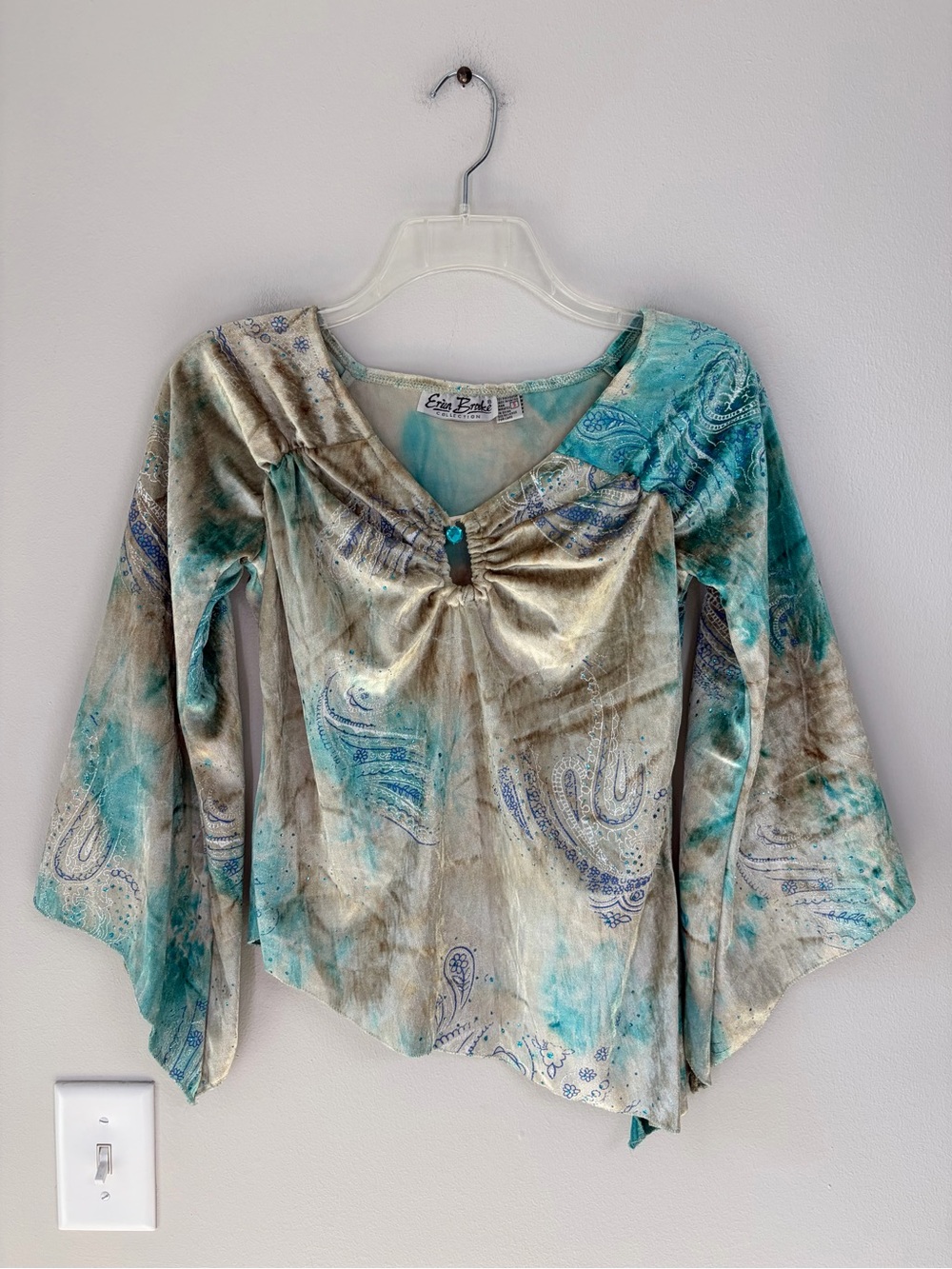Y2K Erika Brooke Velvet Watercolor Asymetrical Paisley Print Blouse Fairy Whimsy